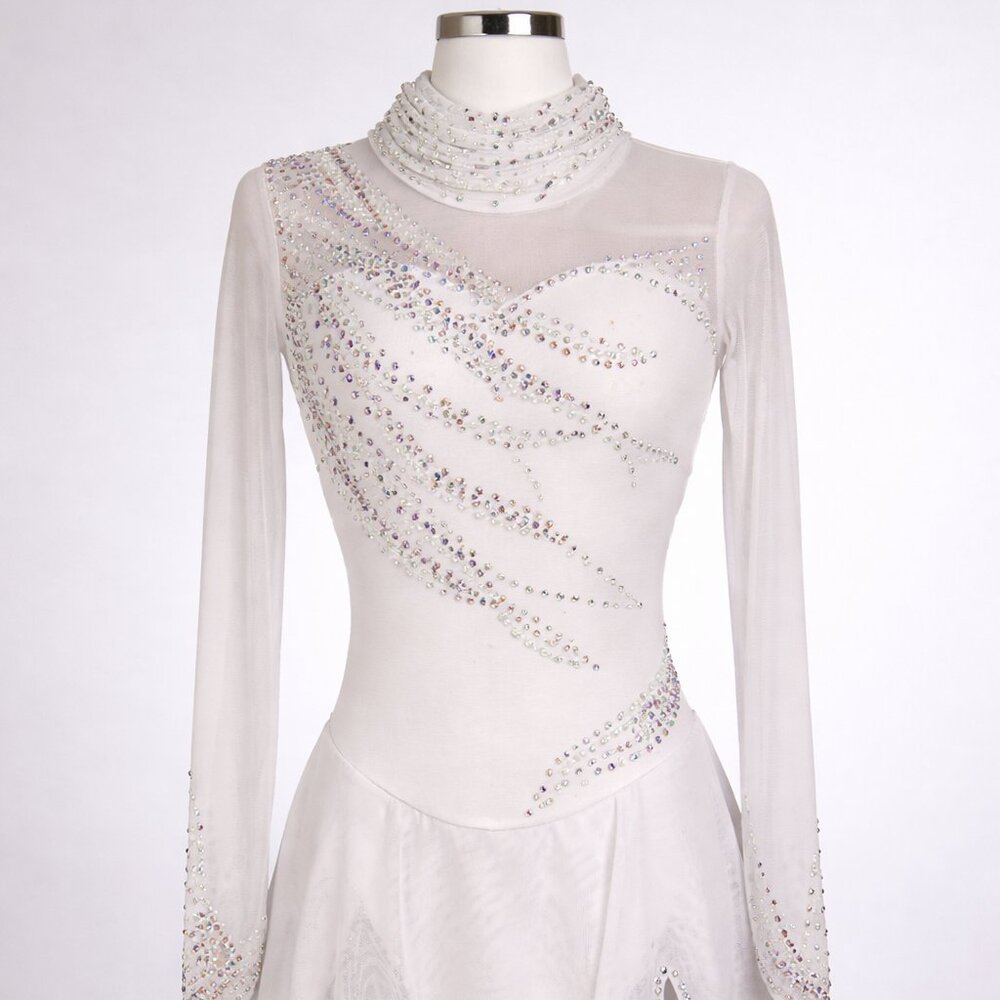 Custom AB crystal and pearl designed Figure skating competition dress White